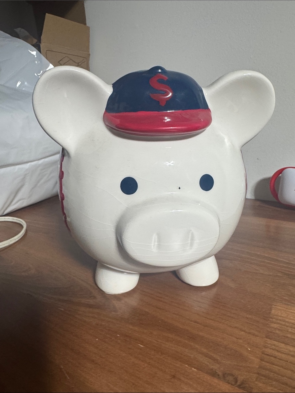 Baseball-Themed White Ceramic Piggy Bank with Red & Navy Cap